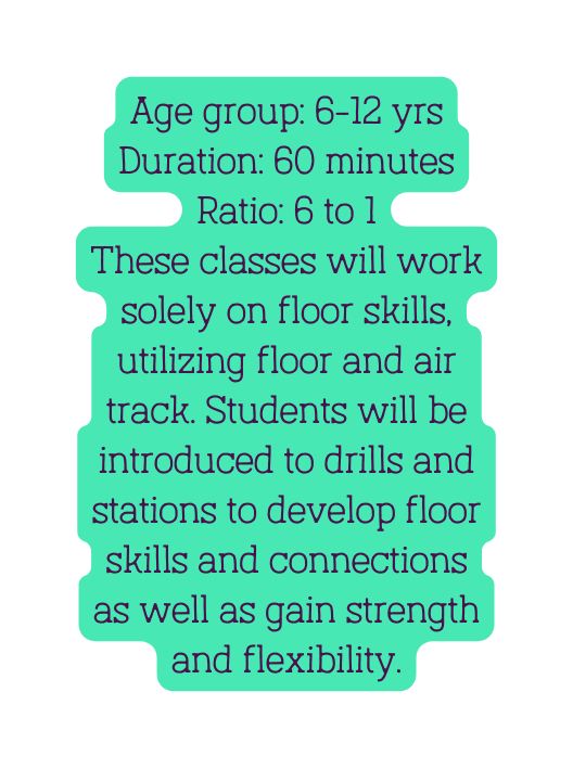 Age group 6 12 yrs Duration 60 minutes Ratio 6 to 1 These classes will work solely on floor skills utilizing floor and air track Students will be introduced to drills and stations to develop floor skills and connections as well as gain strength and flexibility